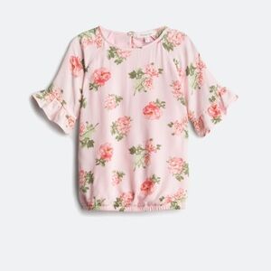 Persaya Pink and Green Floral Blouse with Ruffle Sleeves